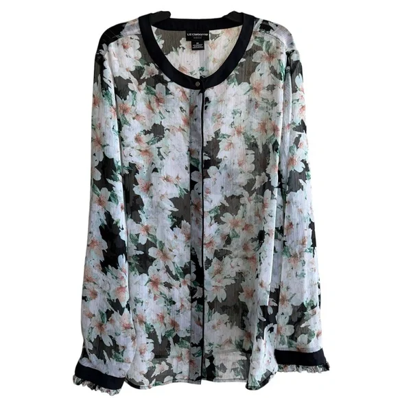 Liz Claiborne Plus Size 14W 0X Sheer Floral Long Sleeve Button Down Career Top - Picture 1 of 9